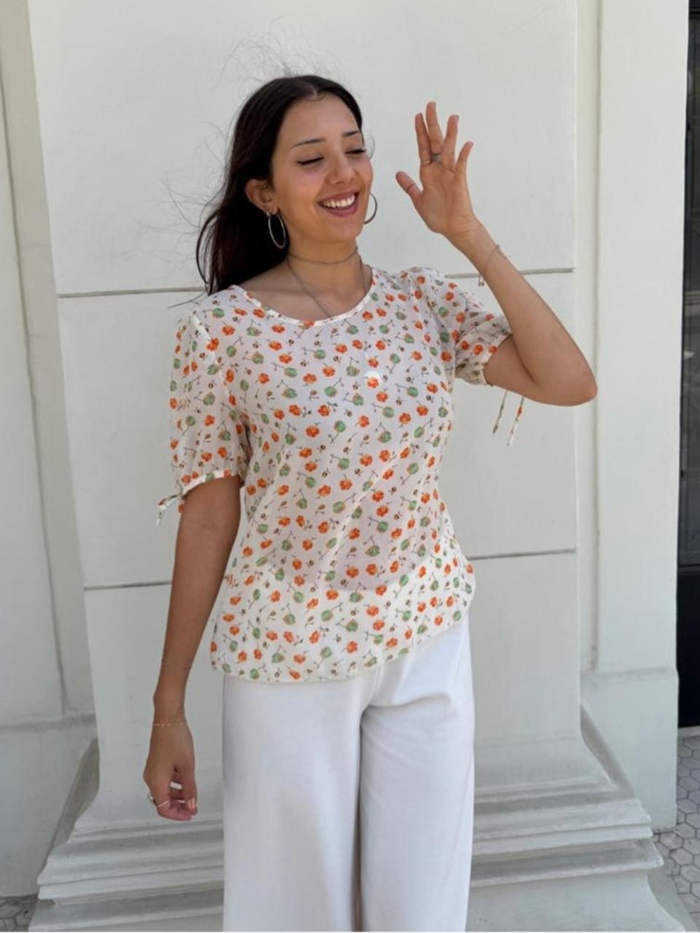 Vtg Orange & green floral print sheer blouse with tie sleeves sz s #floral #boho